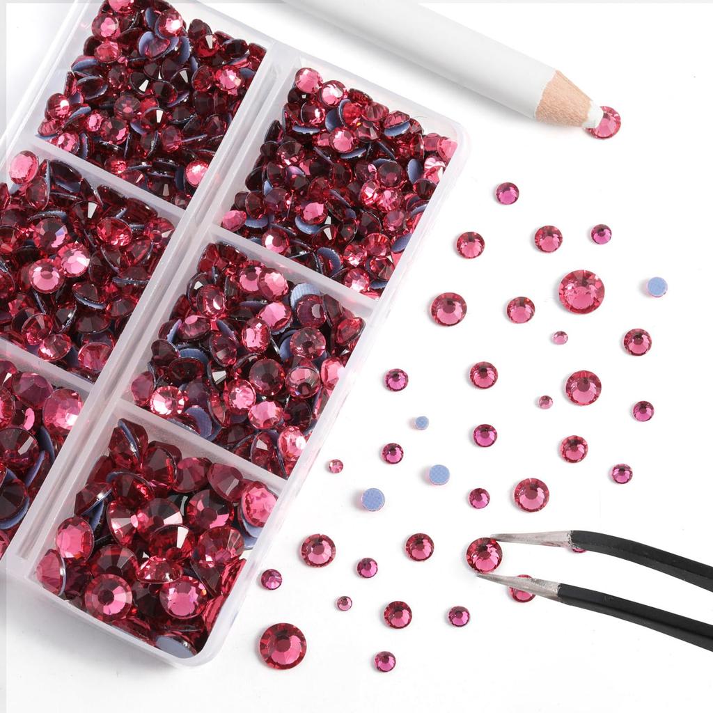 Beadsland Hot Fix Rhinestones, 6,080 Rose Rhinestones for Clothing Crafts, Mixed 6 Sizes, Includes Wax Pencil and Tweezers Kit, SS6-SS30, Rose