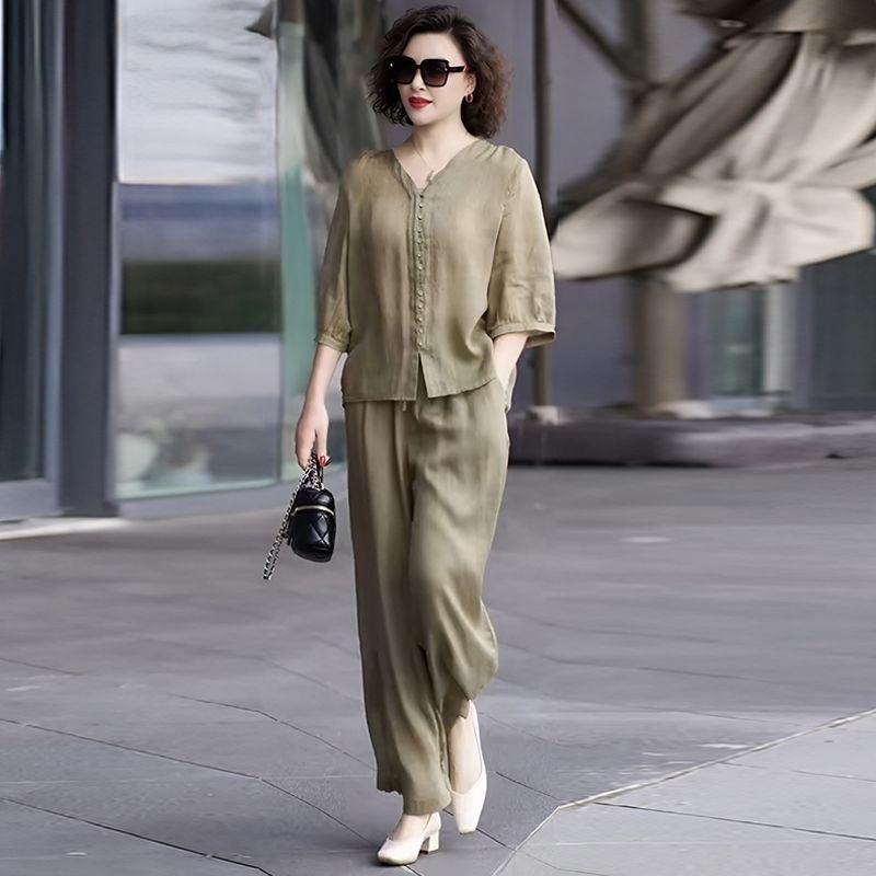 Tencel Linen Summer 2026 Korean Style Two-Piece Set: Top & Wide-Leg Pants for Middle-Aged Women
