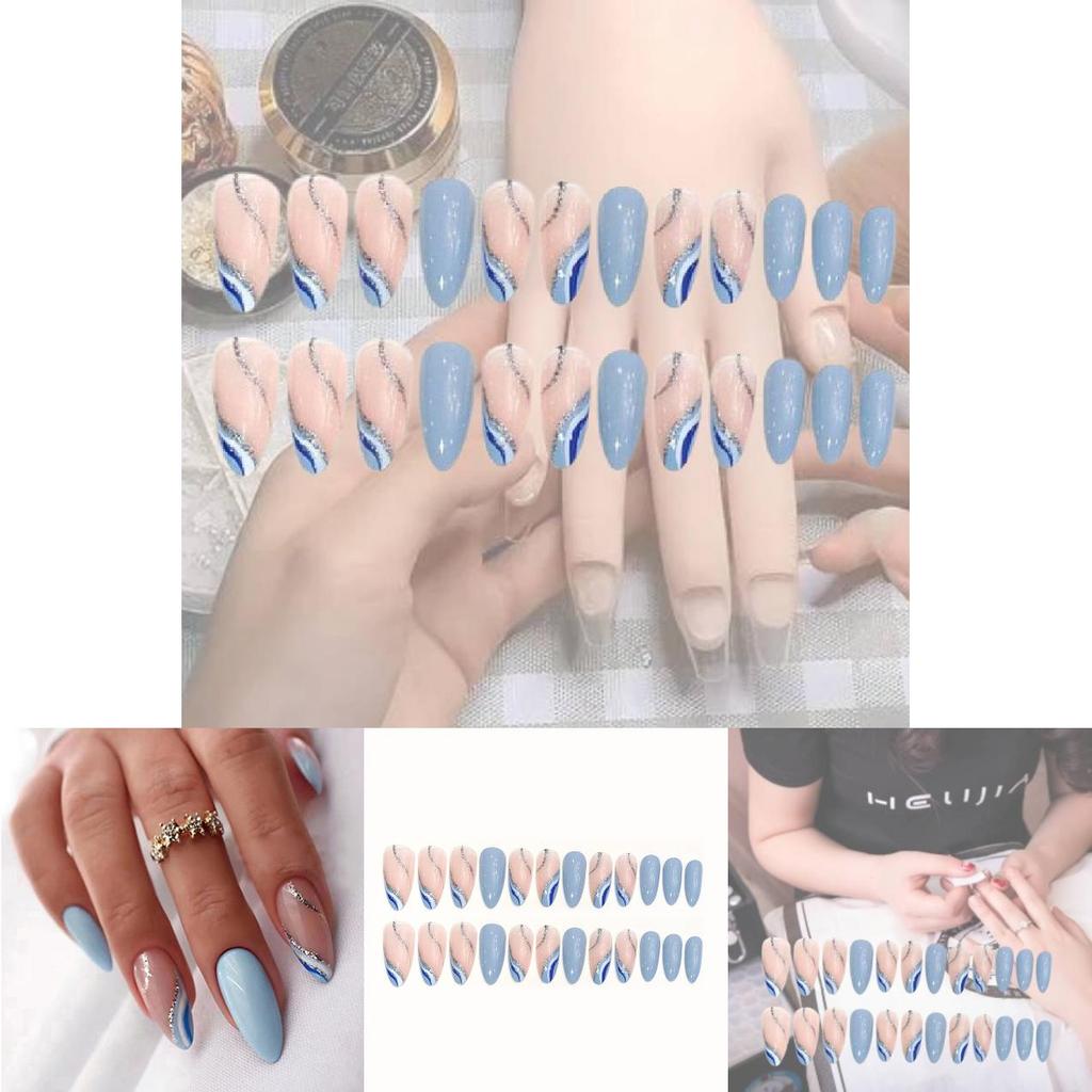 Almond-shaped Simple Wave Blue White French Spring And Summer New Product Fresh And Pure Wearable Nail Art Piece W12