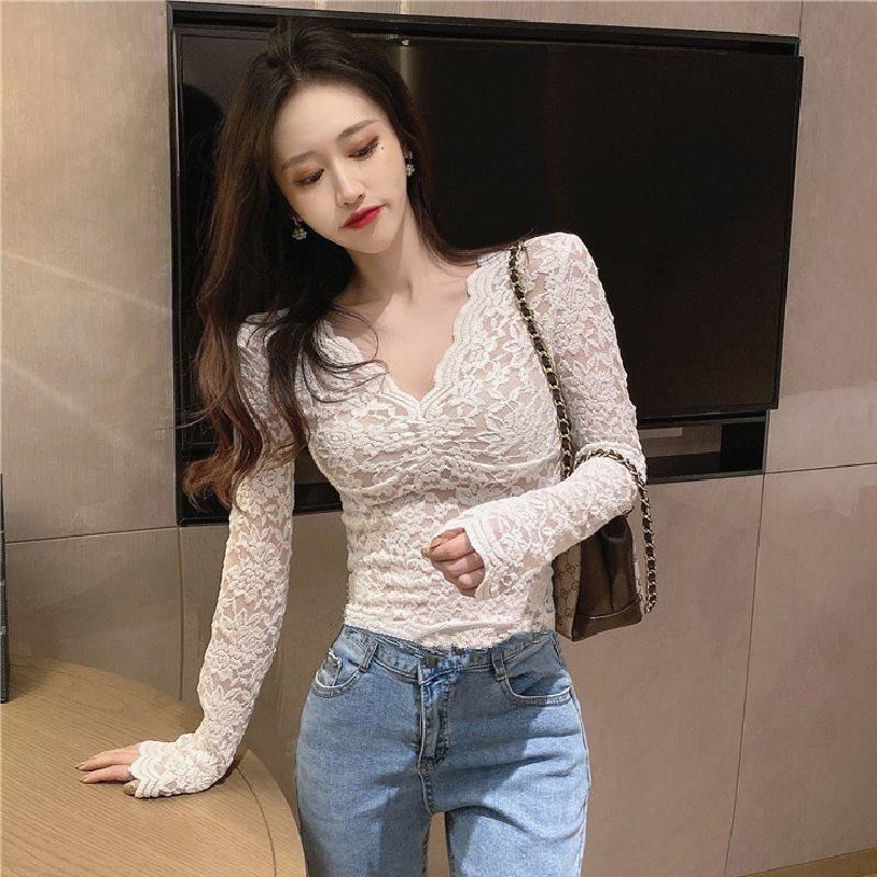 

Women s Spring/Summer V-Neck Lace Mesh Slim Fit Long Sleeve Top