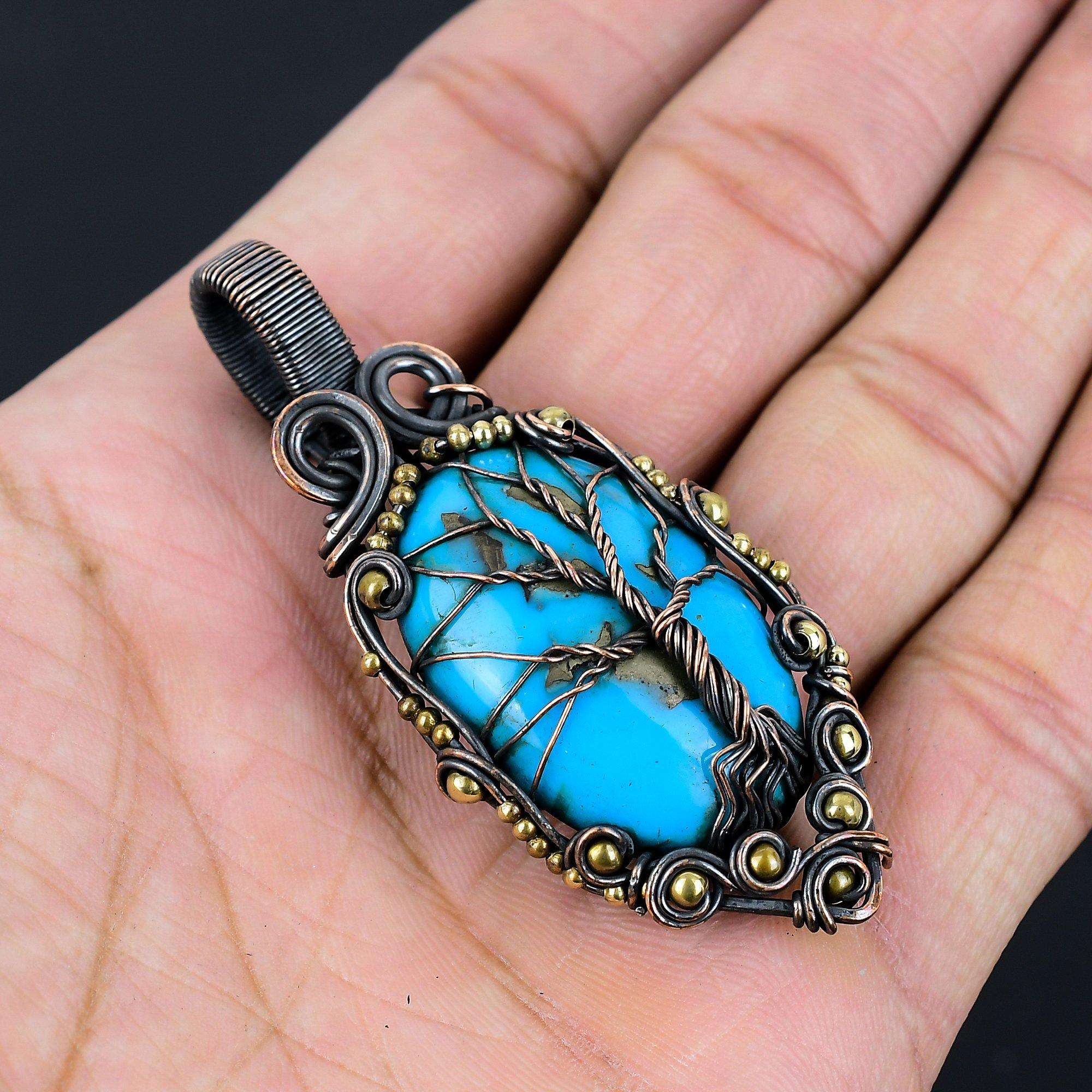 

Древо жизни иранский бирюзовый драгоценный камень из чистой медной проволоки, завернутый в подвеску ручной работы, ювелирные изделия 2.64 Inches синий