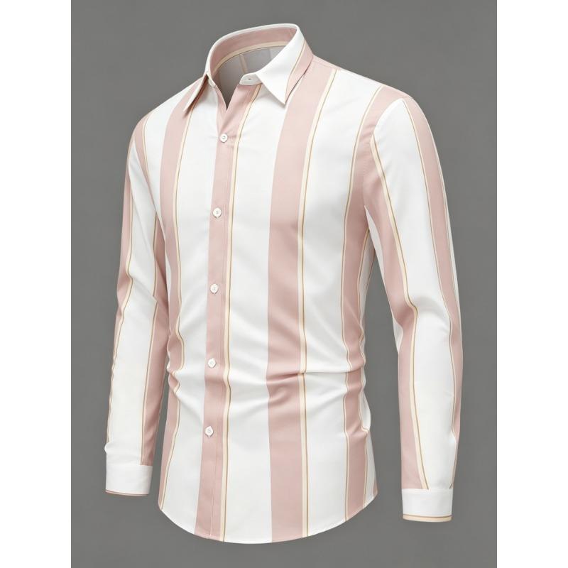 Men's Olive Green Vertical Striped Long Sleeved Shirt with Collar, European and American Business Daily Casual Versatile Top