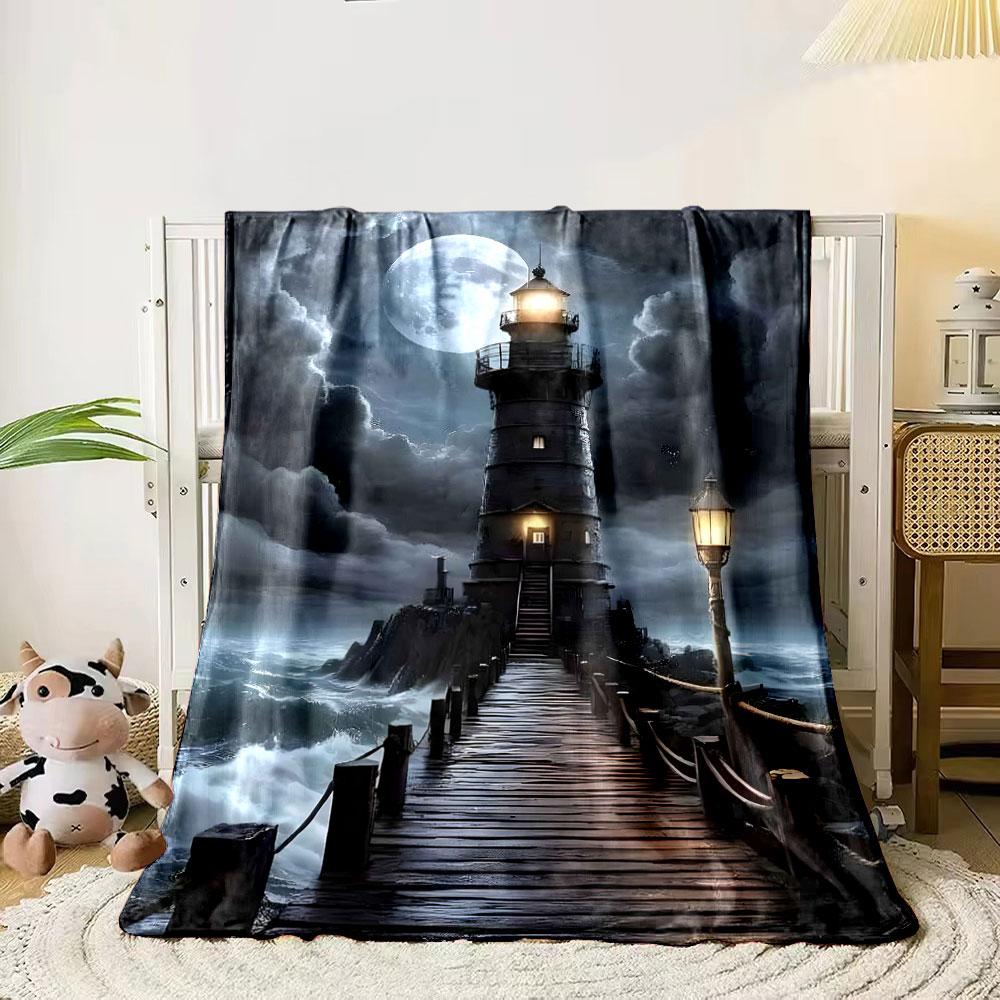 A lighthouse illuminates a wooden pier over rough seas under a full moon. for all seasons blanket lunch break throw gift 80cm x 120cm