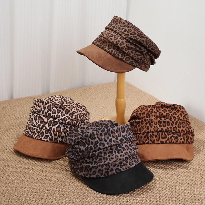 Suede leopard print color matching retro pleated equestrian hat women's spring and autumn new face small beret versatile sun hat