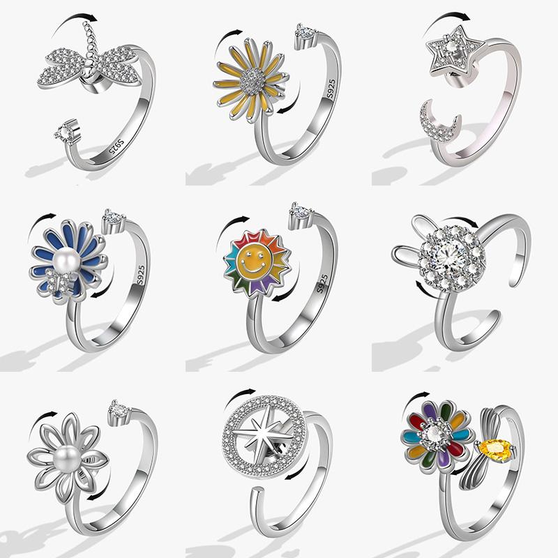 Anti Anxiety Relaxing Rings for Women Crystal Flower Dragonfly Bee Fidget Spinner Ring Star Moon Charm Wedding Jewelry