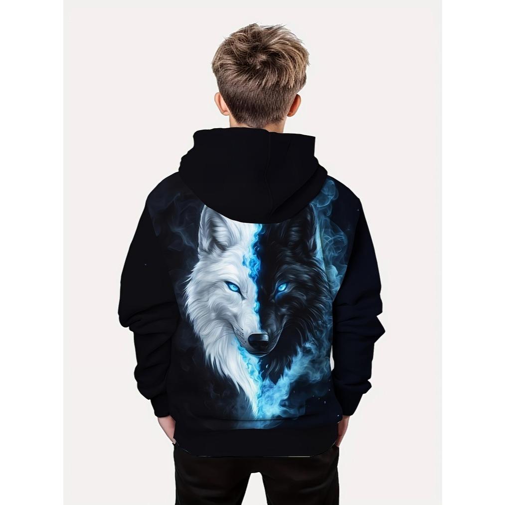 Boy Wolf Pattern Hoodie - Blue Eye Luminous Wolf Face Design, Soft Polyester Fiber Round Neck Hoodie