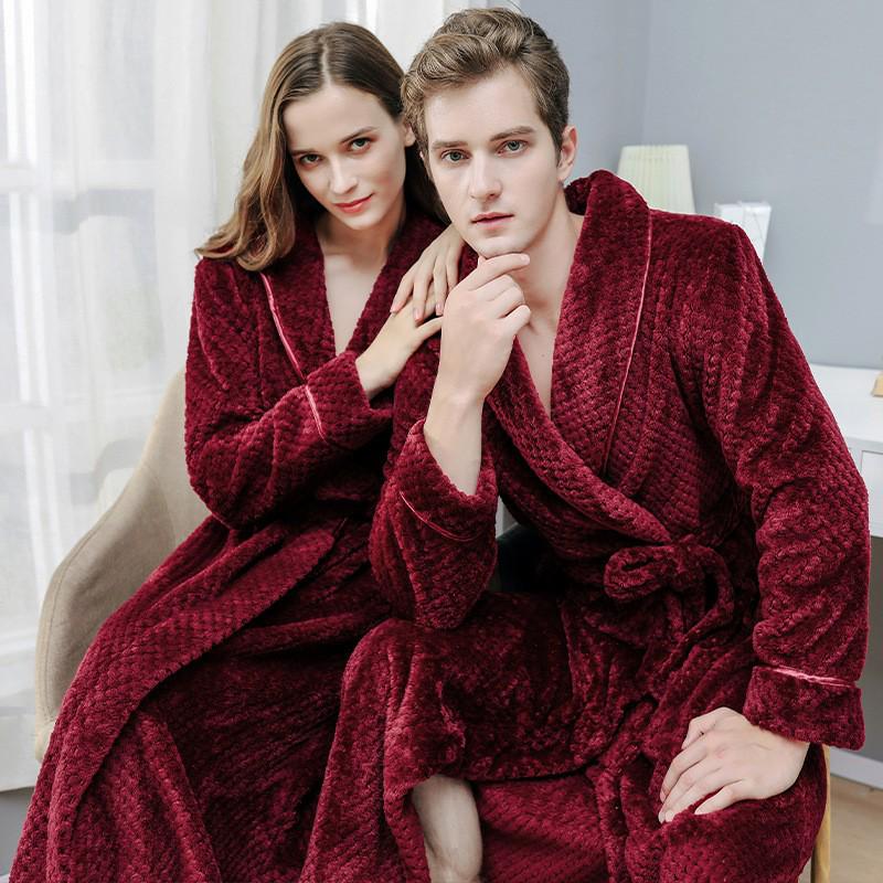 Women's & Men's Extended Length Winter Plush Flannel Bathrobe & Pajamas Set