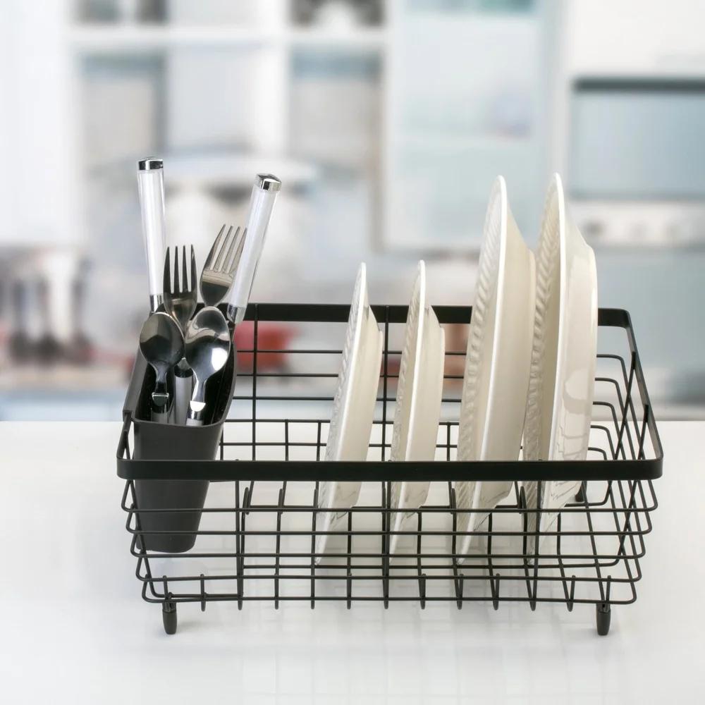 Flat Wire Dish Rack Kitchen Holds 13 Dishes Open Wire Design Includes Cutlery Basket Drain Tray Organizer 100% Iron