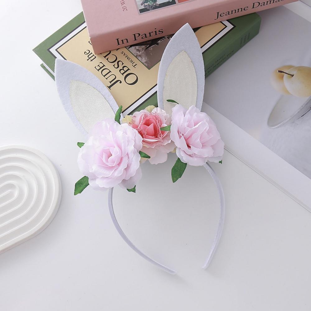 

Easter Rabbit Ears Flower Headband Glitter Artificial Flower Garland Hair Hoop Photography Prop Hair Band Party Hair Accessories