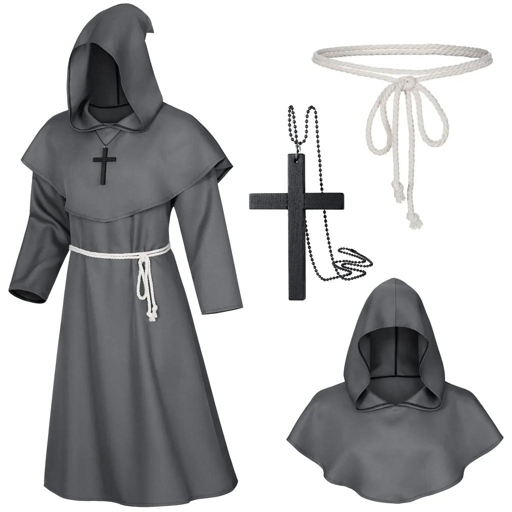 Mittelalterliche Mönchshaube Umhang Zauberer Priester Kostüme Halloween Robe Zauberer Ritter Umhang Erwachsener Teenager Outfit Party Requisiten Set
