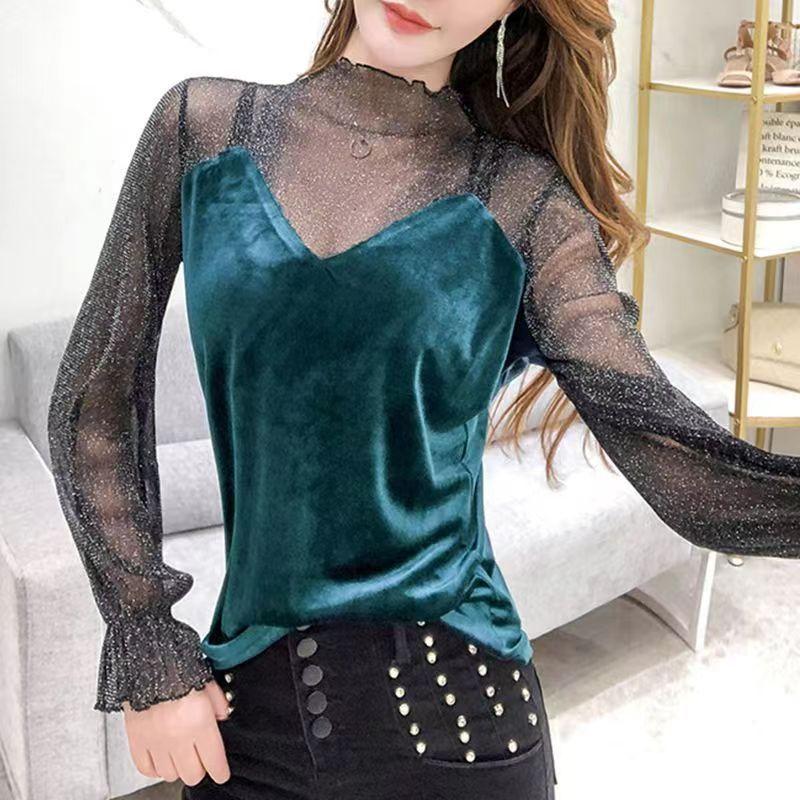 Große Größen Damen Spitzenhemd Samtoberteile Helles Siebdruckgarn Unterhemd für Herbst und Winter