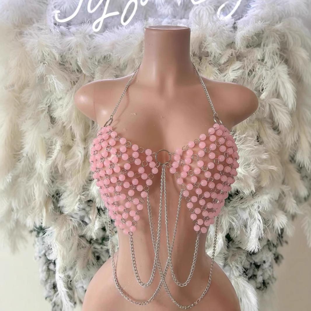 Women Pink Beaded Halter Chain Body Jewelry Crop Top OneSize розовый
