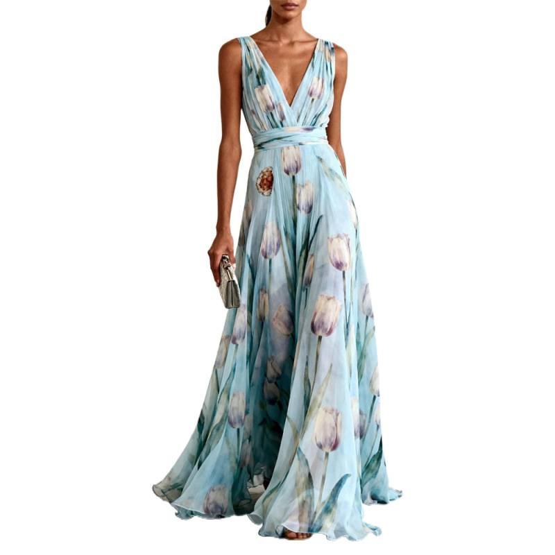 2026 summer new French V-neck light blue tulip print sleeveless long dress