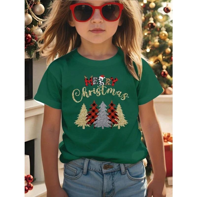 Tricou de vară cu gât rotund și mâneci scurte pentru fete, la modă, cu stil de Crăciun, imprimat, top larg