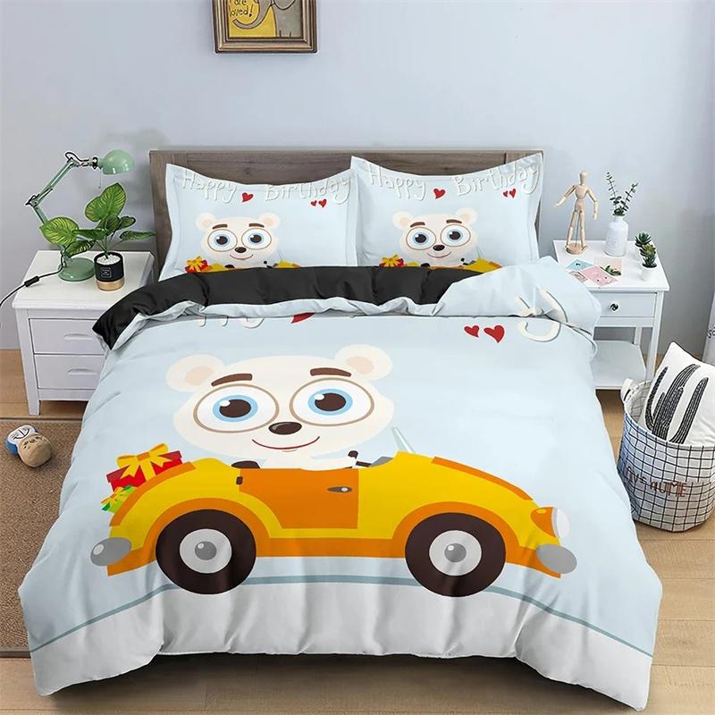 Cartoon Bear And Car Duvet Cover Bedding Set For Children Kids's Bedroom Soft Cozy Quilt/Comforter Covers King Twin 2/3PCS