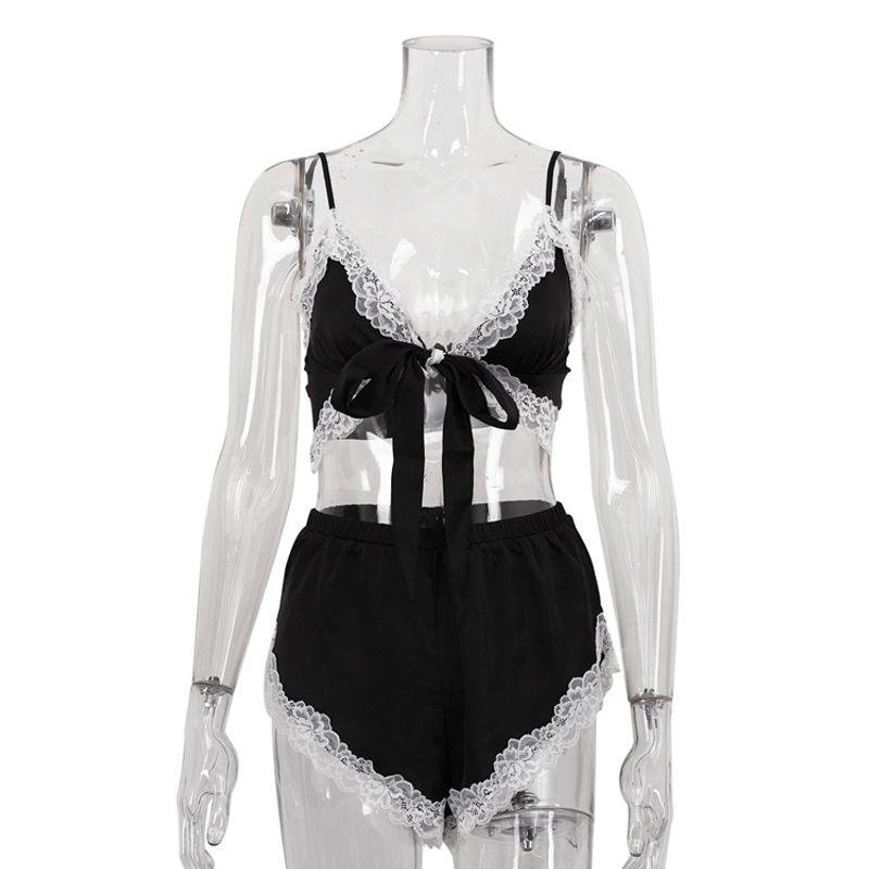 

Western Style New Sexy Lace Sling Shorts Home Wear Set Lace up Tank and Shorts Black L