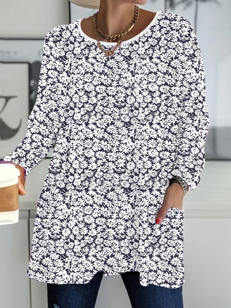 2025 Autumn Winter New Plus Size Women's Tops, Flower 3D Print Fashion Crew Neck Long Sleeve T-Shirts