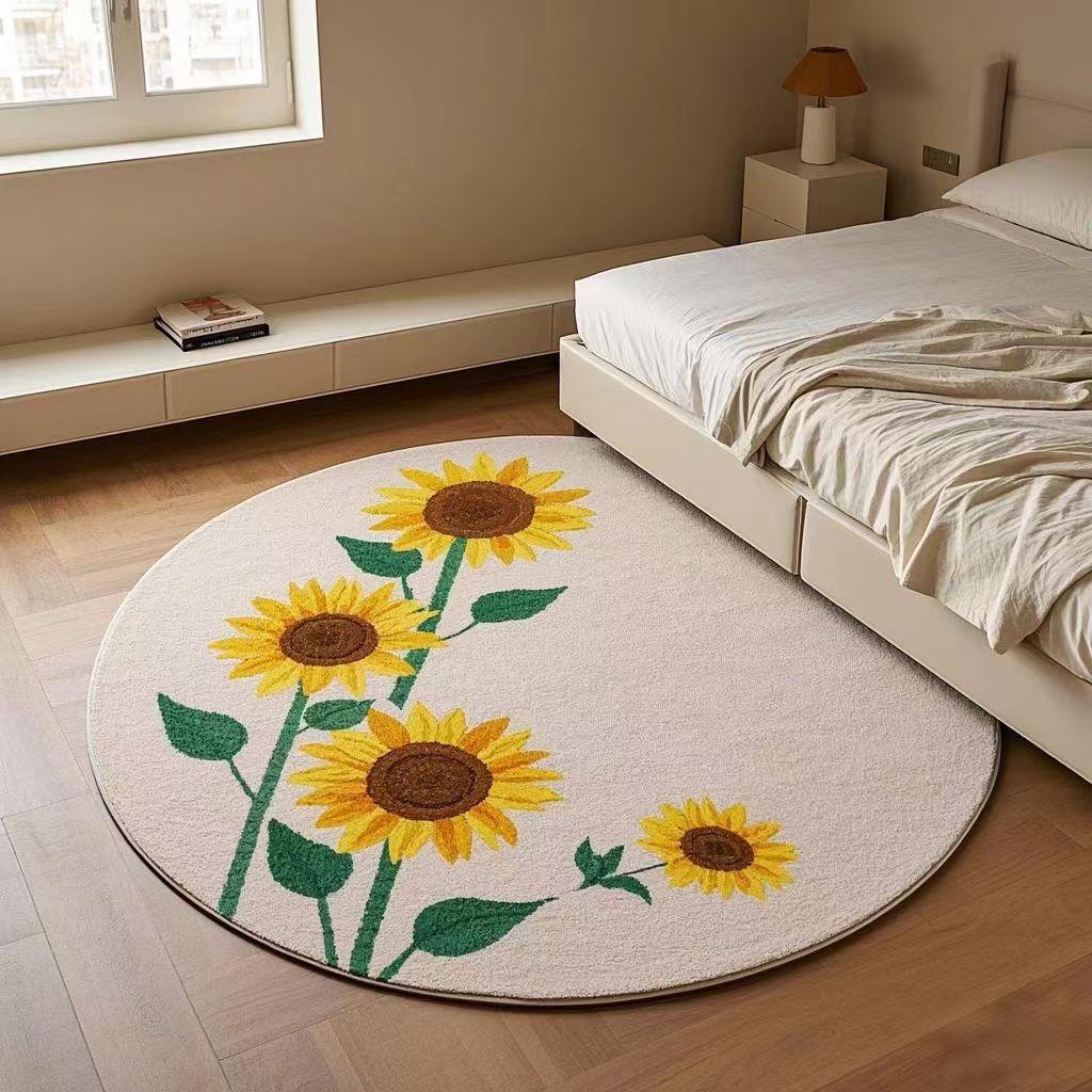 Sunflower Pattern Bedroom Decor Round Carpet Thick Plush Carpets for Living Room Fluffy Soft Bedside Rug Home Washable Floor Mat
