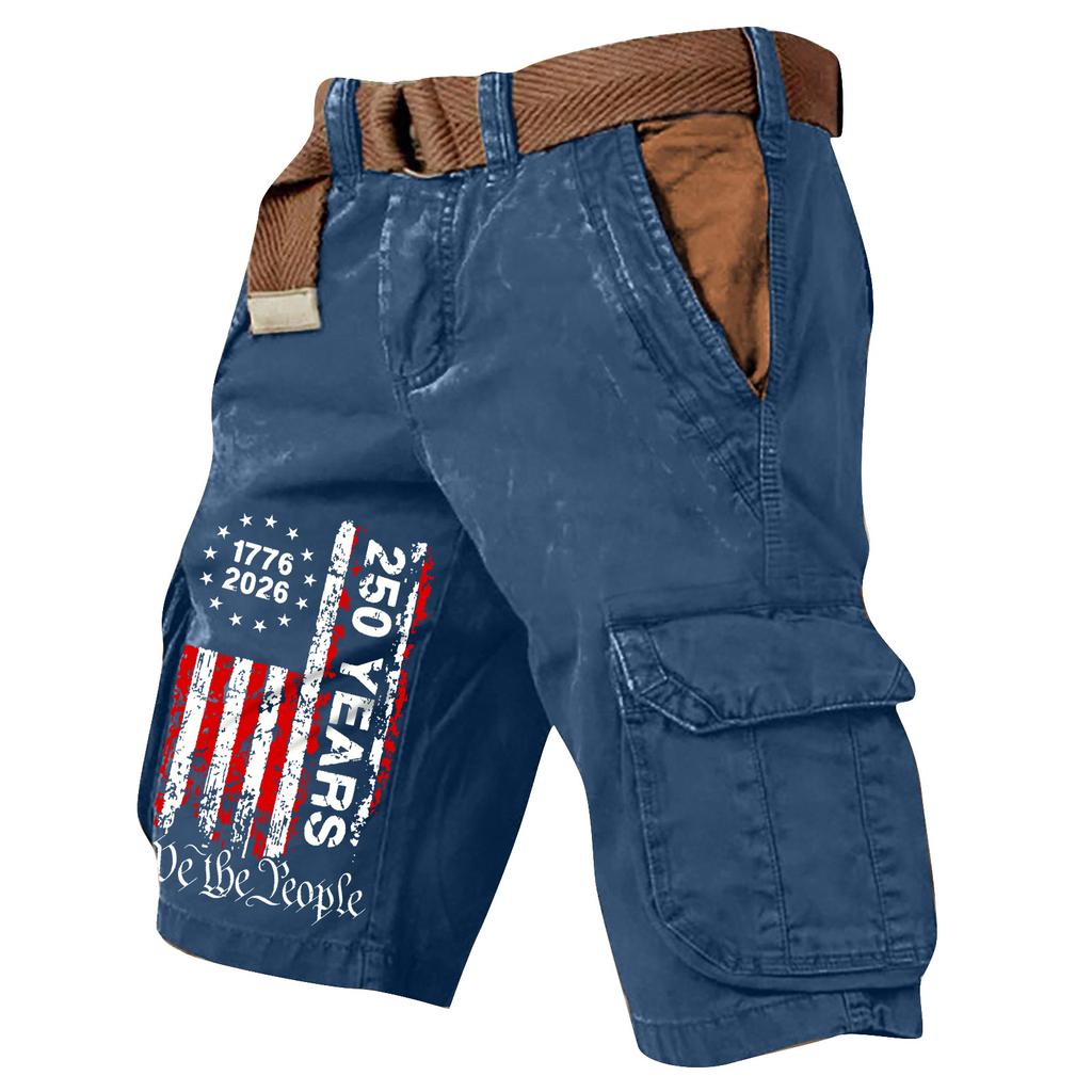 Pantaloncini Cargo Casual da Uomo con Cintura Multi Tasche Cotone Vestibilità Larga Stile Bandiera Stampata per Lavoro all'Aperto Viaggio