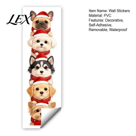 Removable Dog Pattern Stickers Christmas Puppy Wall Stickers, Self-adhesive Decals for Walls Doors, PVC Stacked Puppies Art Decor with Santa Hats And