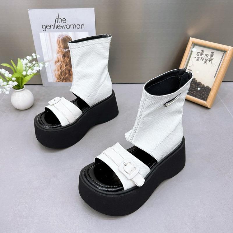 Women Thick-soled Sandals Metal Decoration Heel Wrap Rear Sandals Summer Party Medium Heel Roman Women Shoes Sandalias De Mujer