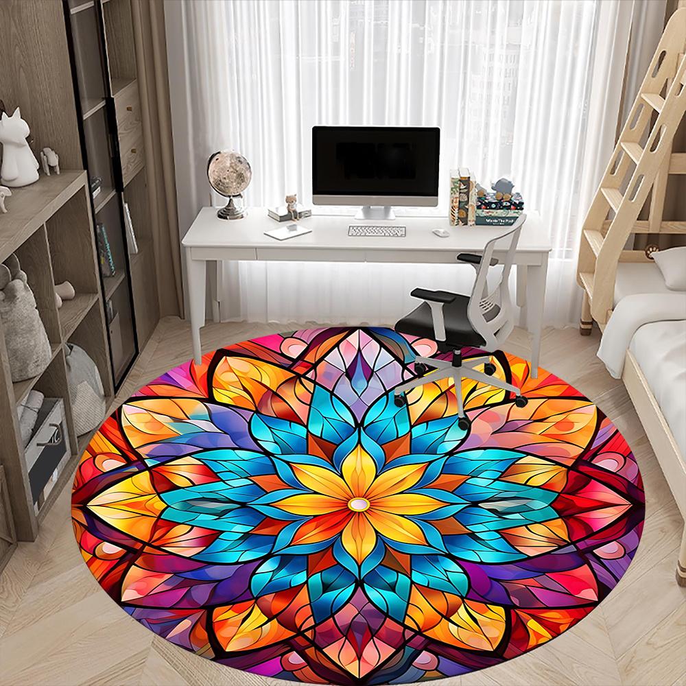 1pc Stained Glass Mandala Office Round Area Rug, Indoor Mat Suitable ForOffice, Under Office Chairs Bedroom Living Room Home Decor, Room Deco q127