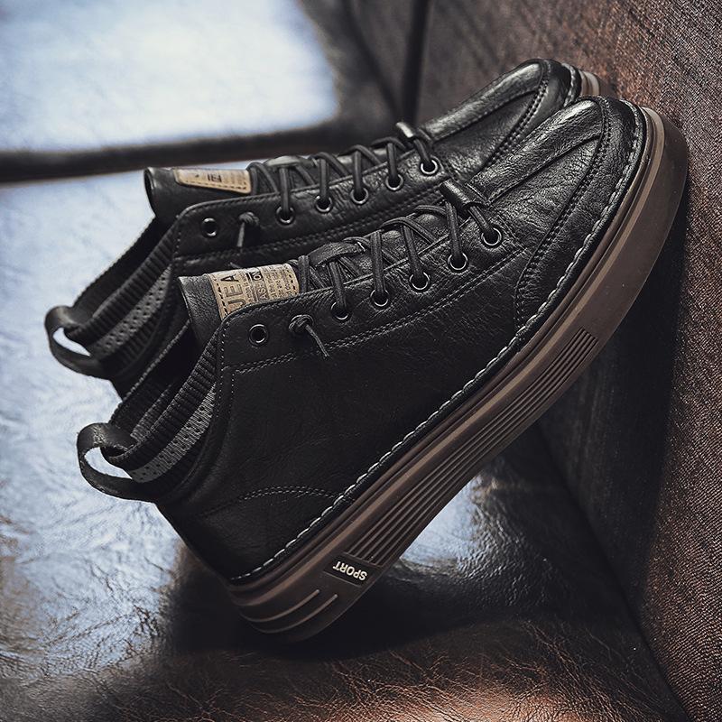 New autumn sub-fleece warm high-top board shoes casual leather shoes Martin boots trendy shoes