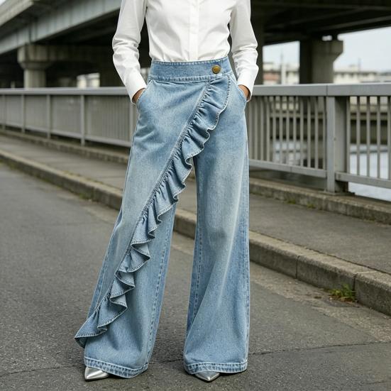 Women Denim Trousers, Wide Leg Elastic Waist Casual Pants, Soft Comfortable Loose Fit Trousers for Daily Wear Street Party