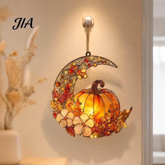 Romantic Autumn Home Wall Decor Stained Glass Pumpkin Moon Suncatcher, Acrylic Crescent Window Hanging with Halloween Thanksgiving Decorative Ornament