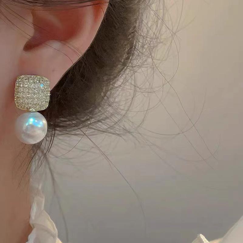 Luxury Shiny Micro Set Zircon Gold Square Metal Pearl Pendant Earrings New Jewelry Party Women's Fashion Accessories