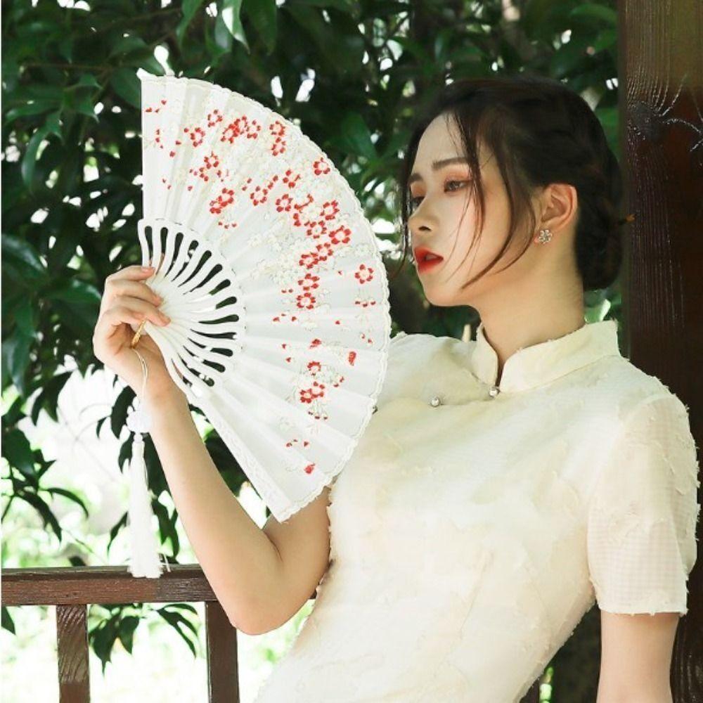 Elegent Chinese Style Plum Blossom Fan Plastic Dance Performance Props Antique Folding Fan Flower Pattern Cloth Dance Fan