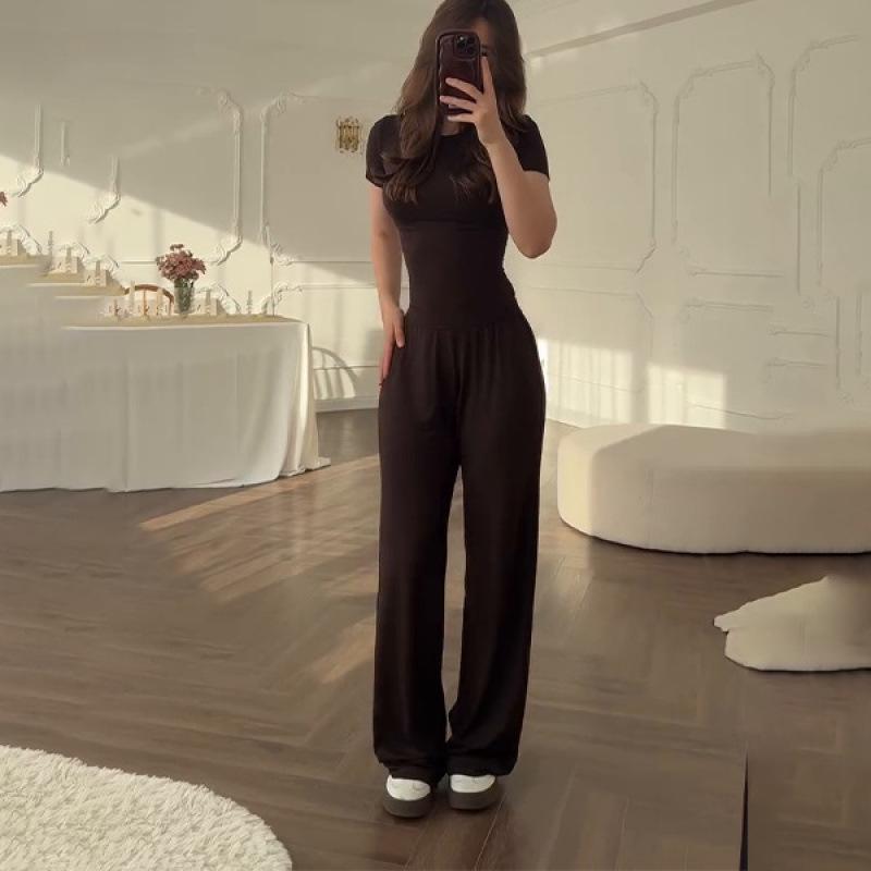 Casual Long Pants Suits Women O-neck Short Sleeve T-shirt Elastic Waist Trousers Set Spring Summer Solid Lady Household Clothes