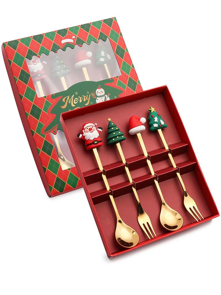 Leeseph Christmas Coffee Spoons Forks Set (4/6Pcs), Stainless Steel Spoon Forks Christmas Gifts for Kids(Red/Green Gift Box Set)