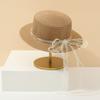 Beach Hat Wide Brim Flat Top Imitation Pearls Trim Tulle Bow Decor Straw Hat Lightweight Breathable Sun Protection Hat