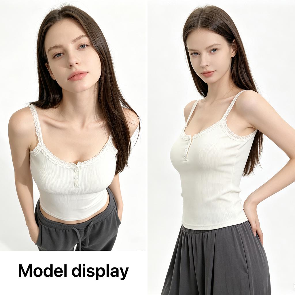 Women's Ribbed Lace Camisole with with Built-in Bra Pads and Buttons,Slim Fit Tank for Women