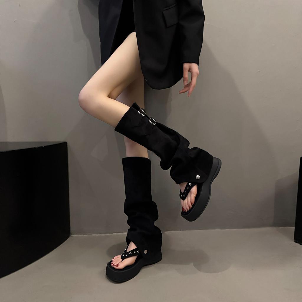 Pile Summer Retro 2025 Pants Tube Boots Women's Two Wear Toes Roman Sandals High Herringbone Platform New Boots Tide