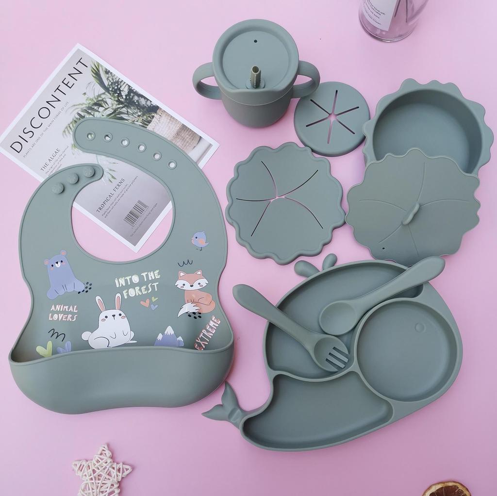 Silicone Baby Tableware Set: Non-slip Bowl, Bib, Plate, Fork & Spoon - Food Grade Material