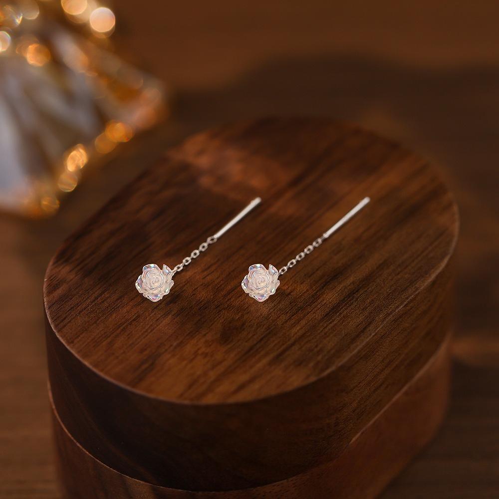 Colorful White Rose Earrings for Women, Light Luxury, High-end, Sweet Tassel Earrings, Elegant Earrings