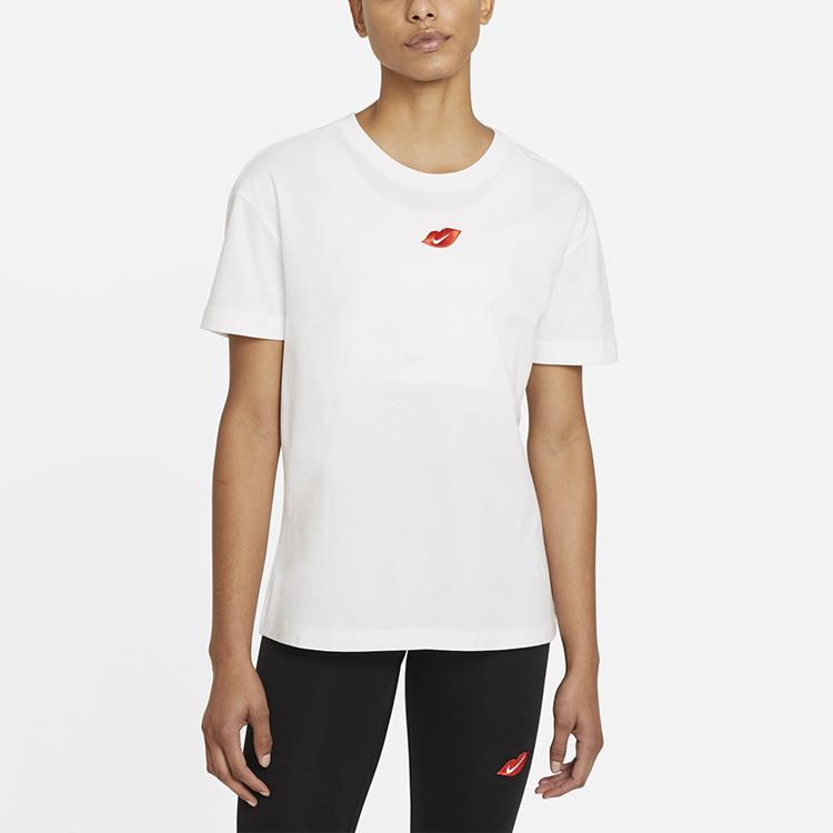 Nike Casual Sport Round Neck Flame Red Lips Short Sleeve T-Shirt Women Tops White DB9819-100