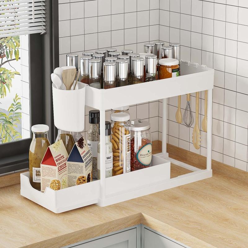 Pull-Out Pantry Organizer Multi-Tier Adjustable Kitchen Storage Shelf for Spices Utensil Under Sink Cabinet Countertop Organizer