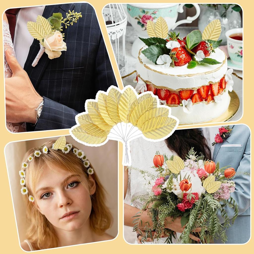 200pcs Gold Leaves Artificial Flowers,Artificial Silk Leaves, Fake Leaves with Stems Crafts Fake Faux Wired Single Leaf for DIY Crafts Floral
