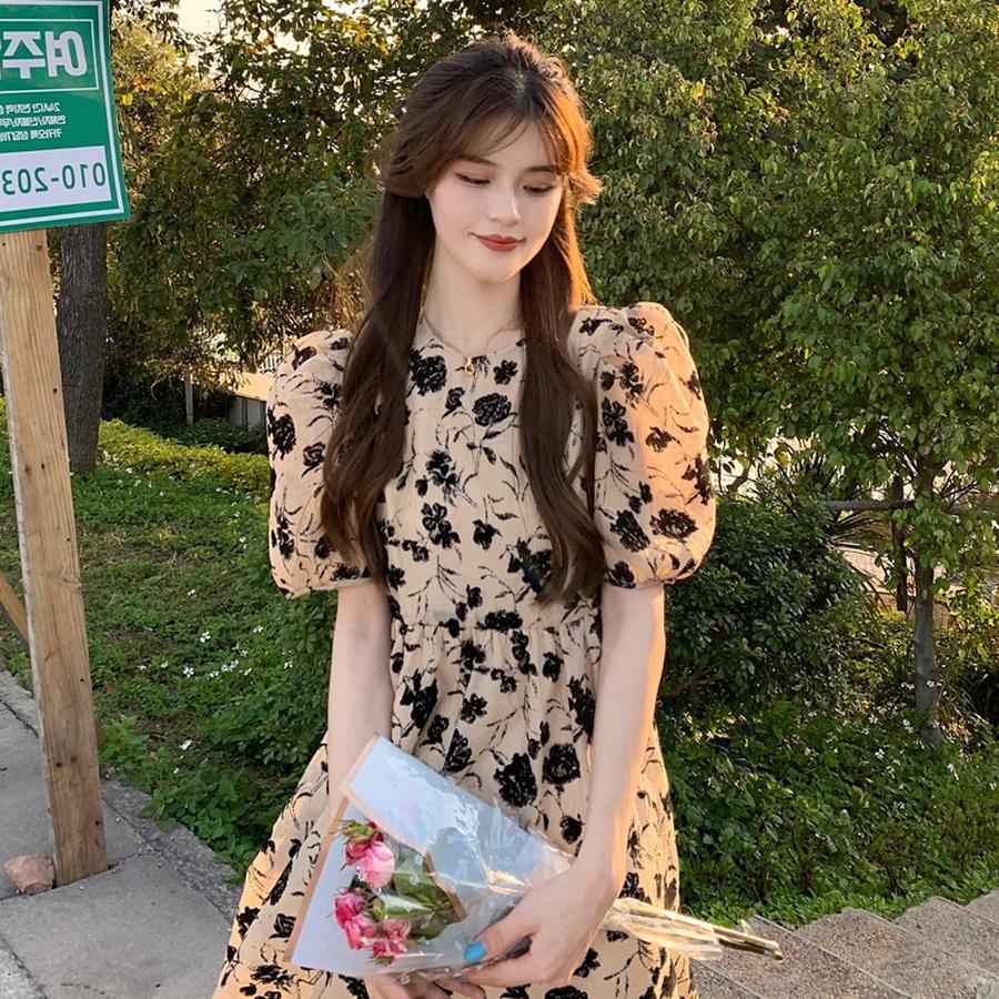 French Retro Floral Print Chic Bubble Sleeve Dress for Women Summer New Style High Waist Slimming Versatile Midi Skirt