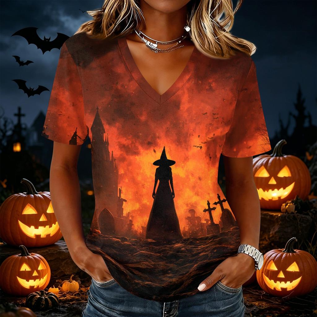 Women Casual Short Sleeve V Neck Pullover Top Halloween Pumpkin Print Lightweight Loose Fit Blouse for Everyday Wear