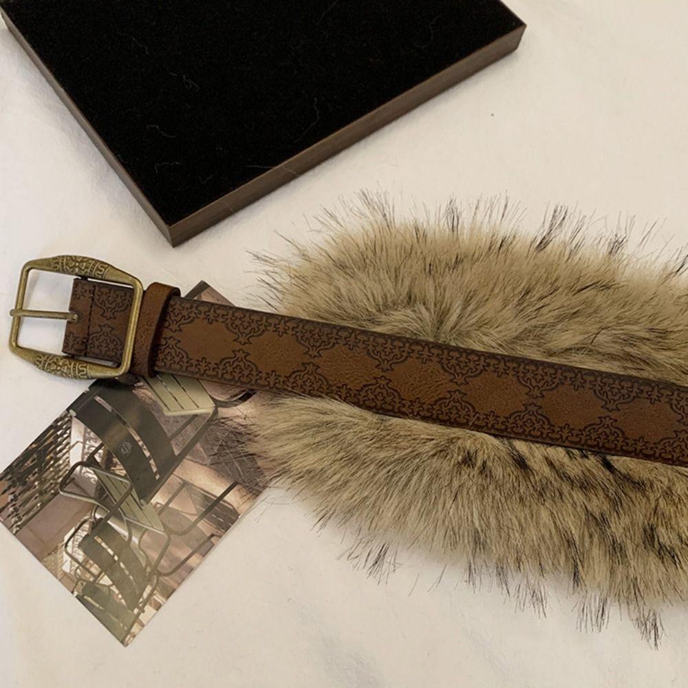 Trendy Design Faux Fur Belts Y2K Embossed Antique Bronze Belt Retro Waist Belts  Women Fashion