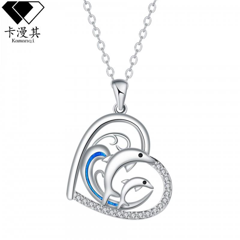 Cute Dolphin Pendant Necklace Women Copper Heart-Shaped Animal Jewelry Cross Chain Fashionable Daily Wear Heart Dolphin Necklace