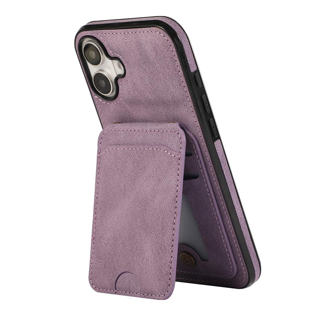 For iPhone 16 Case Card Holder Kickstand Leather+TPU Phone Cover with Shoulder Strap