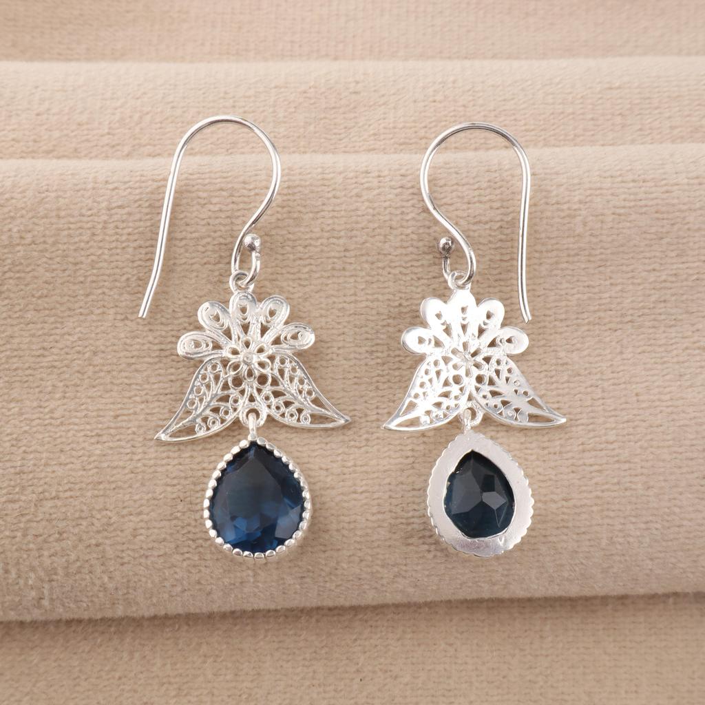 London Blue Topaz Gemstone 925 Sterling Silver Handcrafted Jewelry Designer Long Earrings 1.84" For Birthday Gift CE-23-8