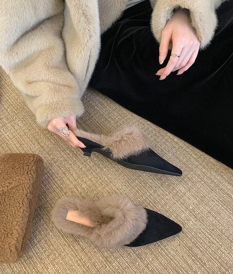2025 Autumn and Winter New Pointed Head Thin Heel European and American Fashion High Heel Fine Heel Slippers Bag Head Empty Women's Shoes