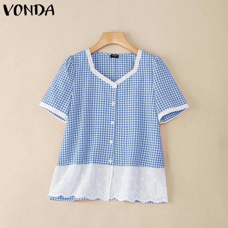 

VONDA Women V Neck Casual Short Sleeve Plaid Crochet Patchwork Blouse 2XL синий