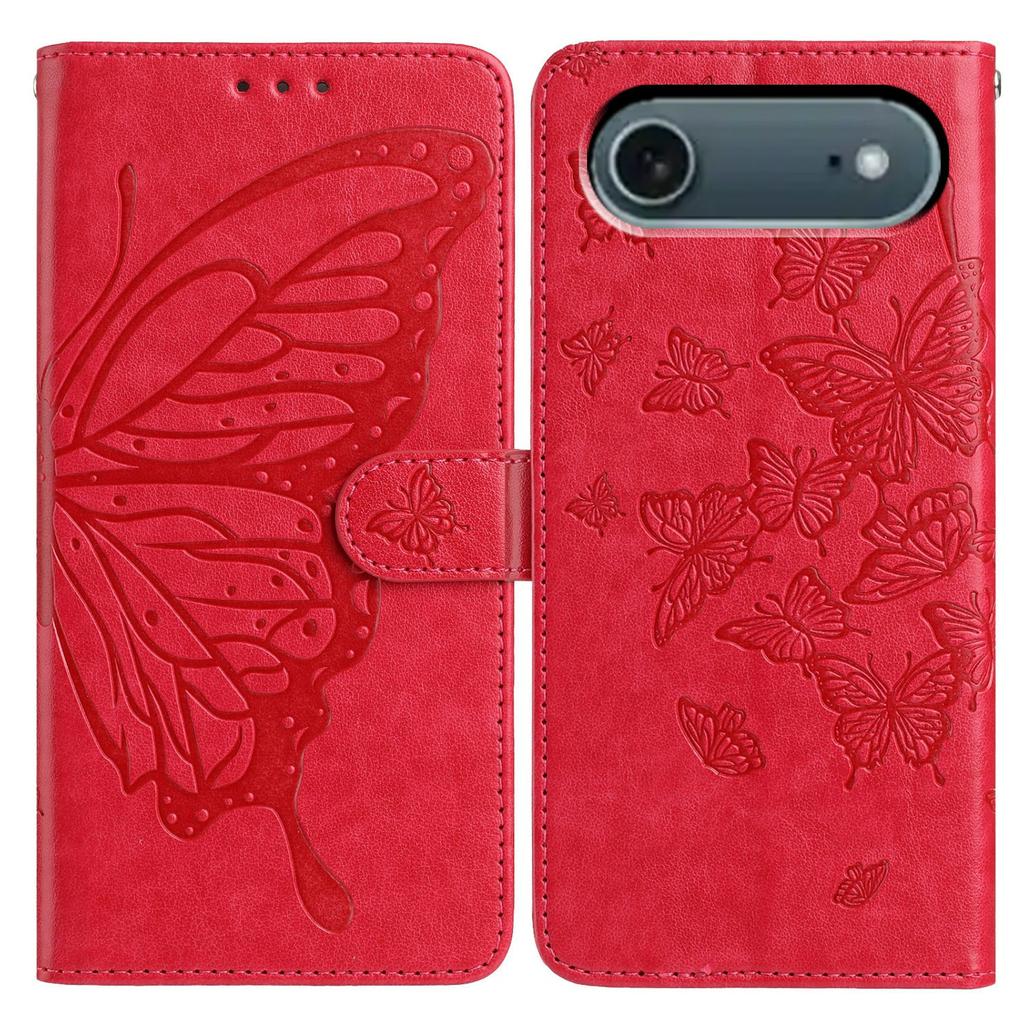For iPhone 17 Air Case Butterfly Imprinted Wallet Stand PU Leather Flip Phone Cover with Strap